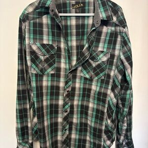 Helix Plaid Flannel Shirt Men’s Large Athletic Fit Green Black Button Up